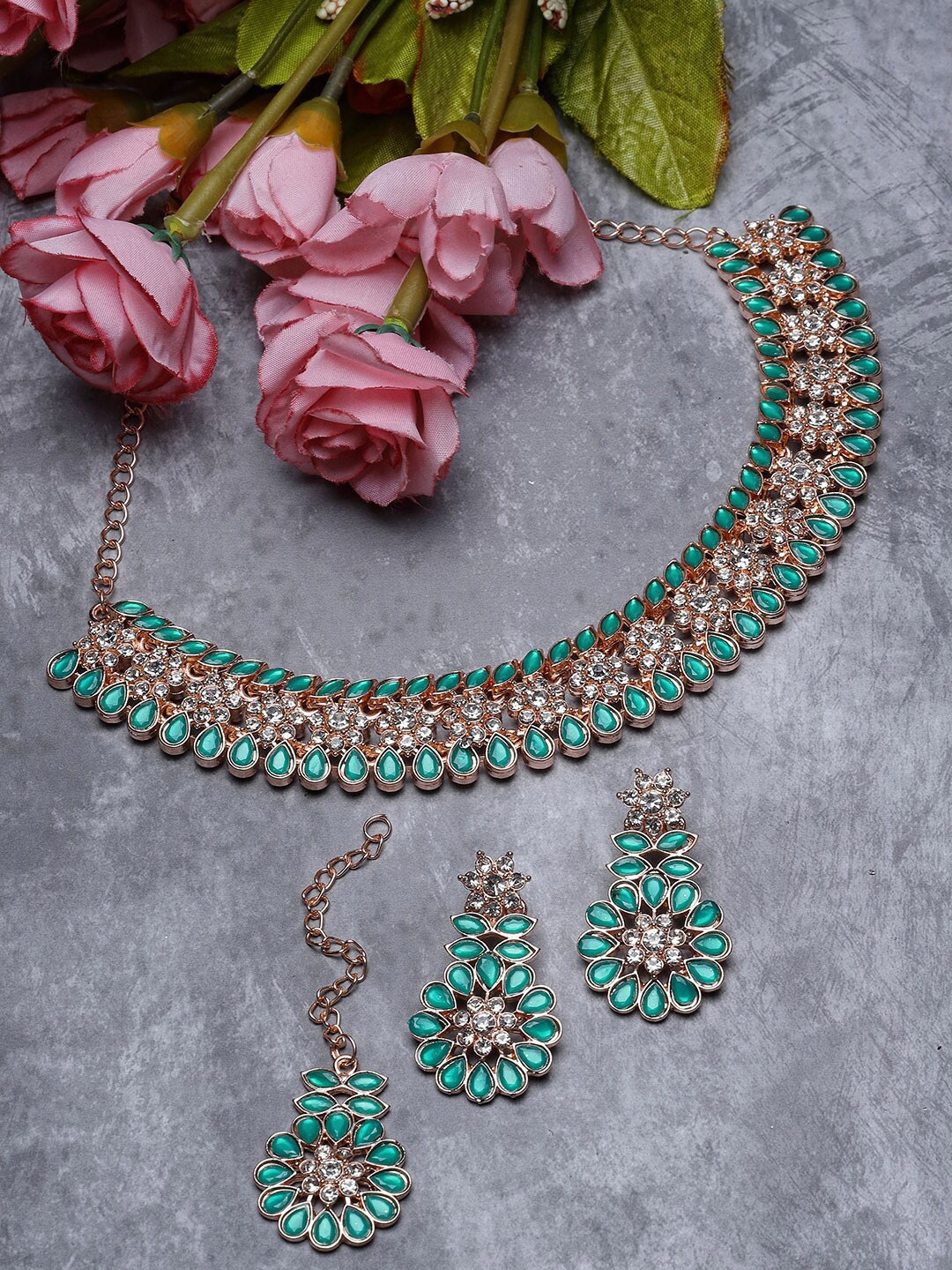 

Sukkhi Gold-Plated American Diamond Stone-Studded Necklace With Earrings And Maang Tika