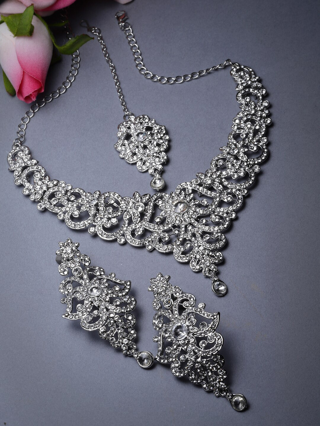 

Sukkhi Rhodium-Plated American Diamond-Studded Necklace With Earrings And Maang Tika, Silver