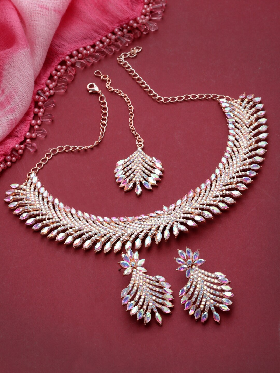 

Sukkhi Rose Gold-Plated Rainbow Stone-Studded & Beaded Jewellery Set