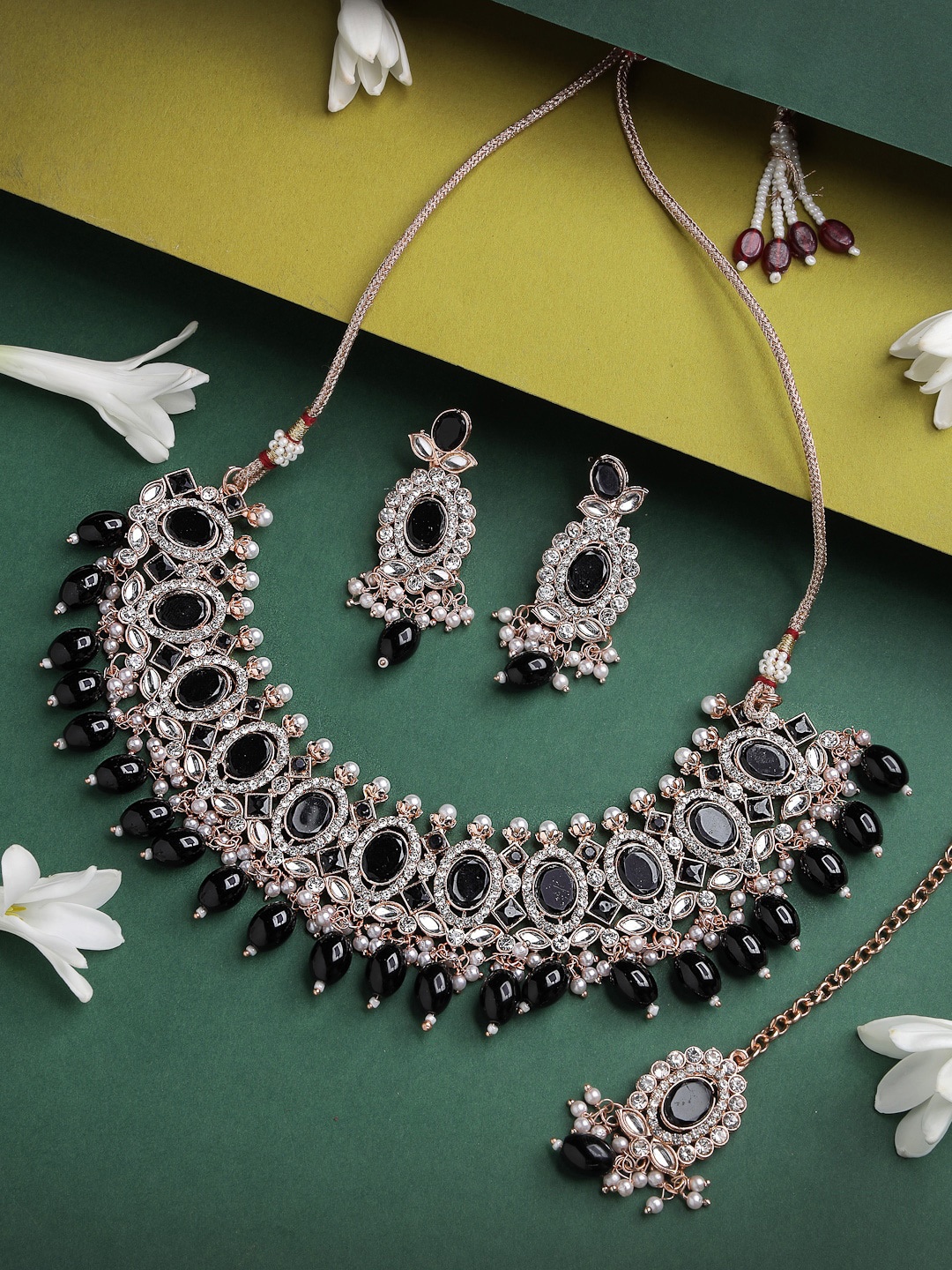 

Sukkhi Gold-Plated Black AD Stone-Studded & Pearl Beaded Jewellery Set
