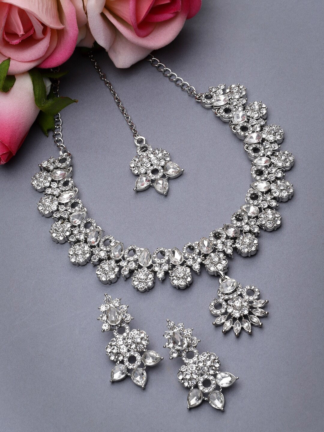 

Sukkhi Rhodium-Plated American Diamond-Studded Jewellery Set, Silver