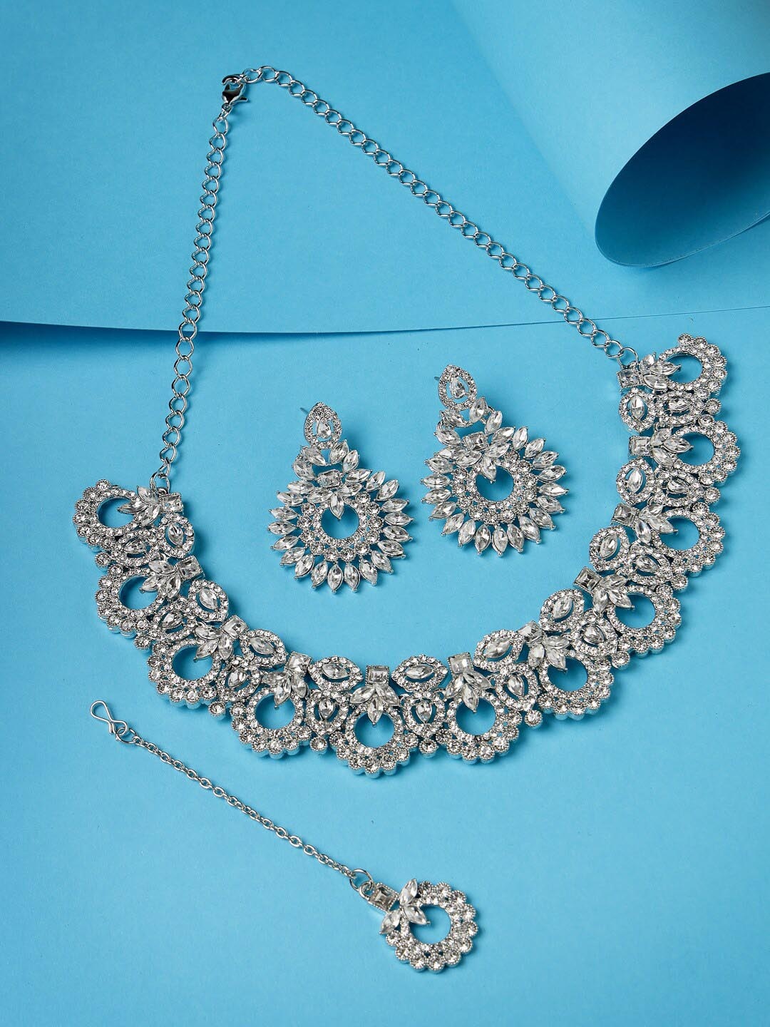 

Sukkhi Rhodium-Plated American Diamond-Studded Jewellery Set With Maang Tika, Silver