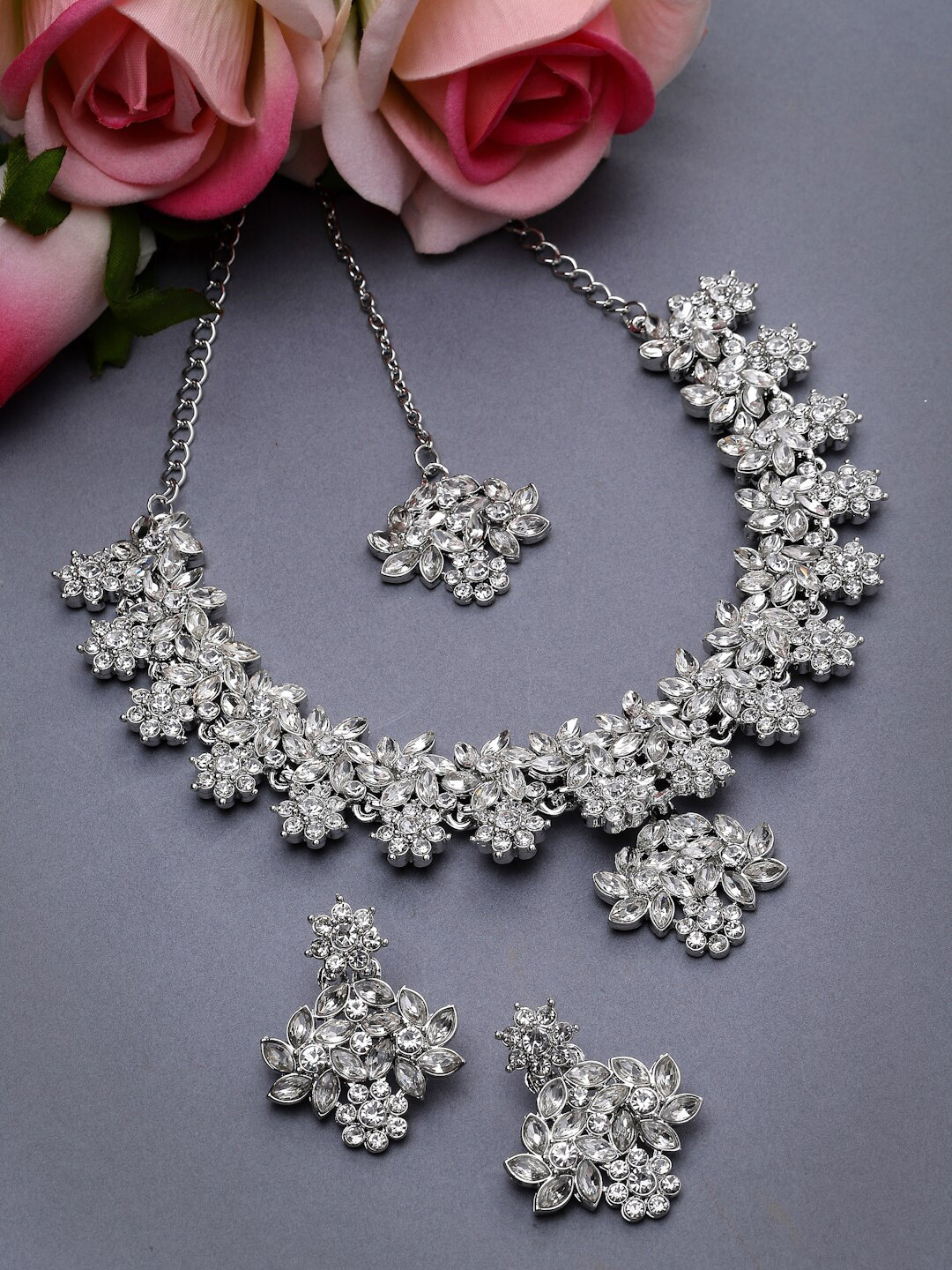 

Sukkhi Rhodium-Plated American Diamond-Studded Jewellery Set With Maang Tika, Silver