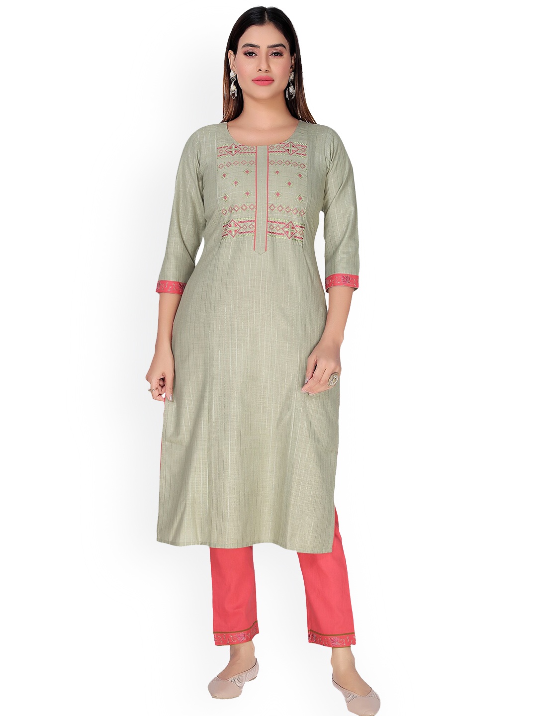 

True Shape Round Neck Ethnic Motifs Maternity Straight Feeding Kurta & Trousers, Olive