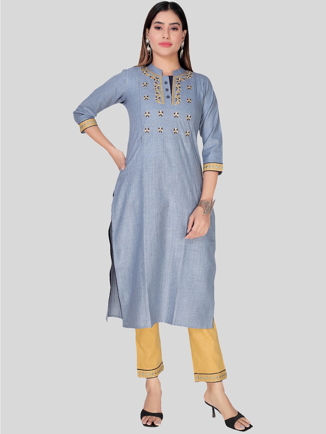 

True Shape Mandarin Collar Ethnic Motifs Maternity Straight Feeding Kurta & Trousers, Grey