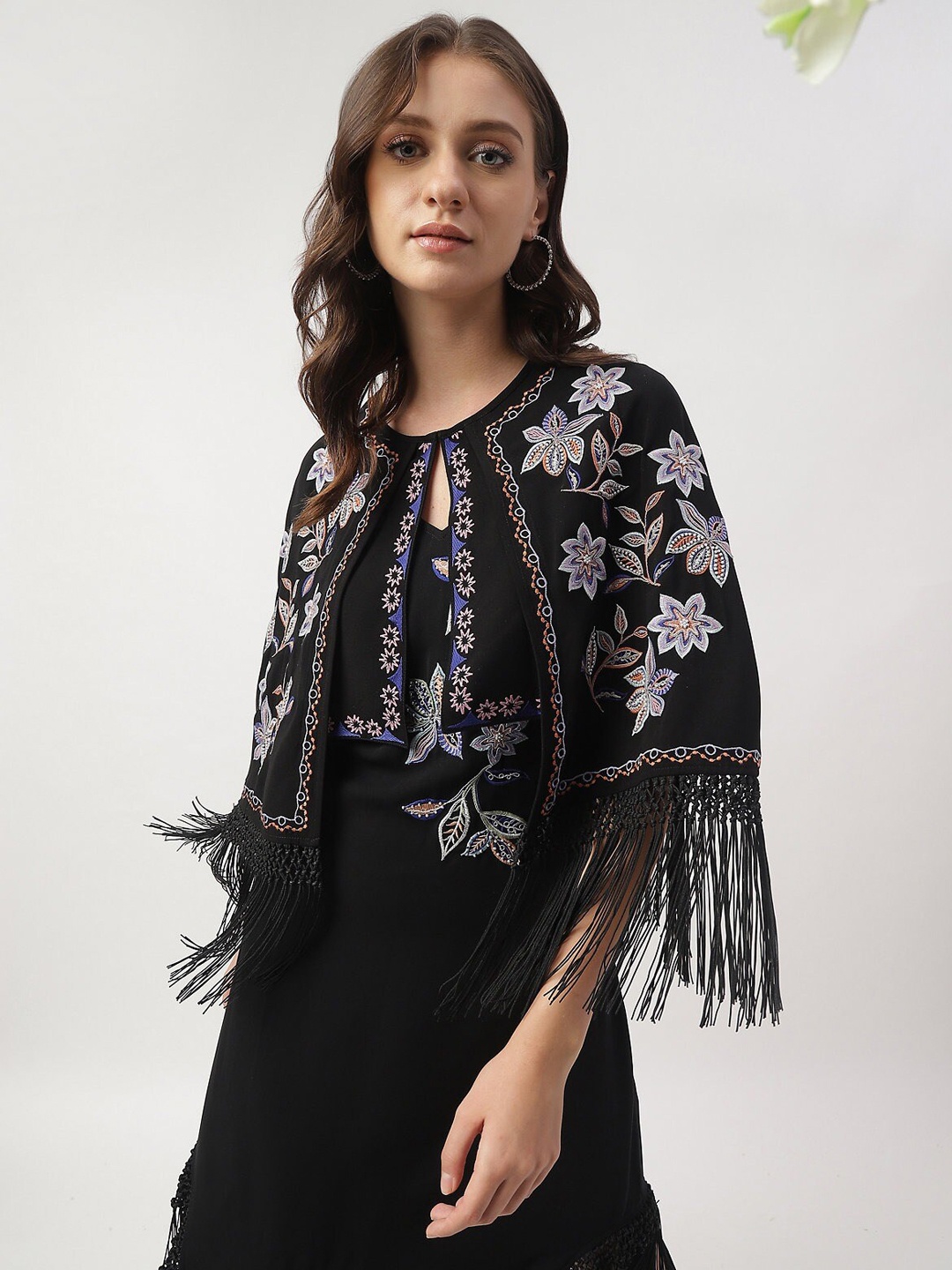 Marks & Spencer Floral Embroidered Fringed Crop Jacket, Black