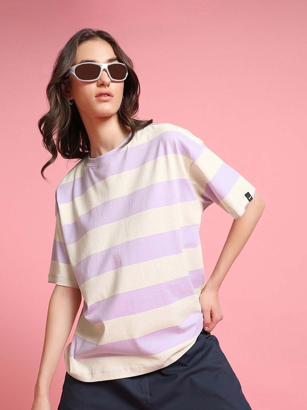 

Bewakoof Striped Oversized Pure Cotton T-shirt, Purple