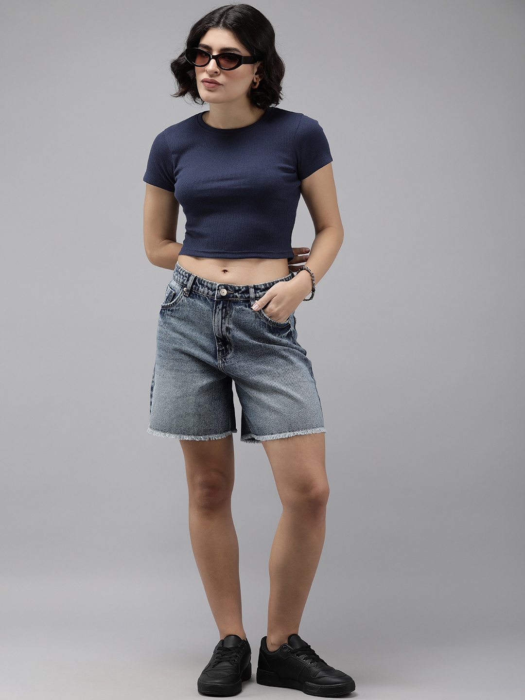 

Roadster Cap Sleeves Crop Top, Navy blue