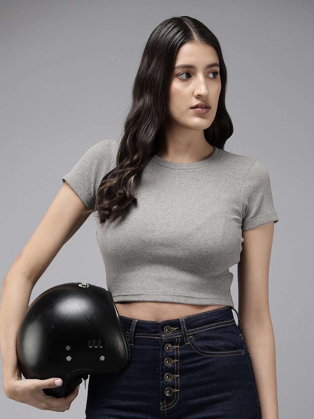 

Roadster Cap Sleeves Crop Top, Grey