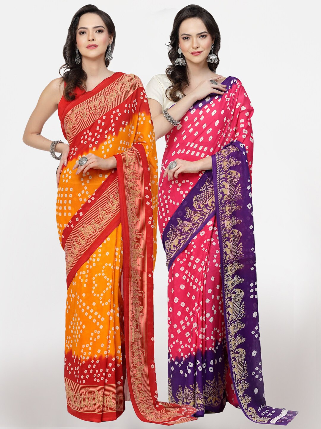 

KALINI A Selection Of 2 Bandhani Printed Zari Sarees, Orange