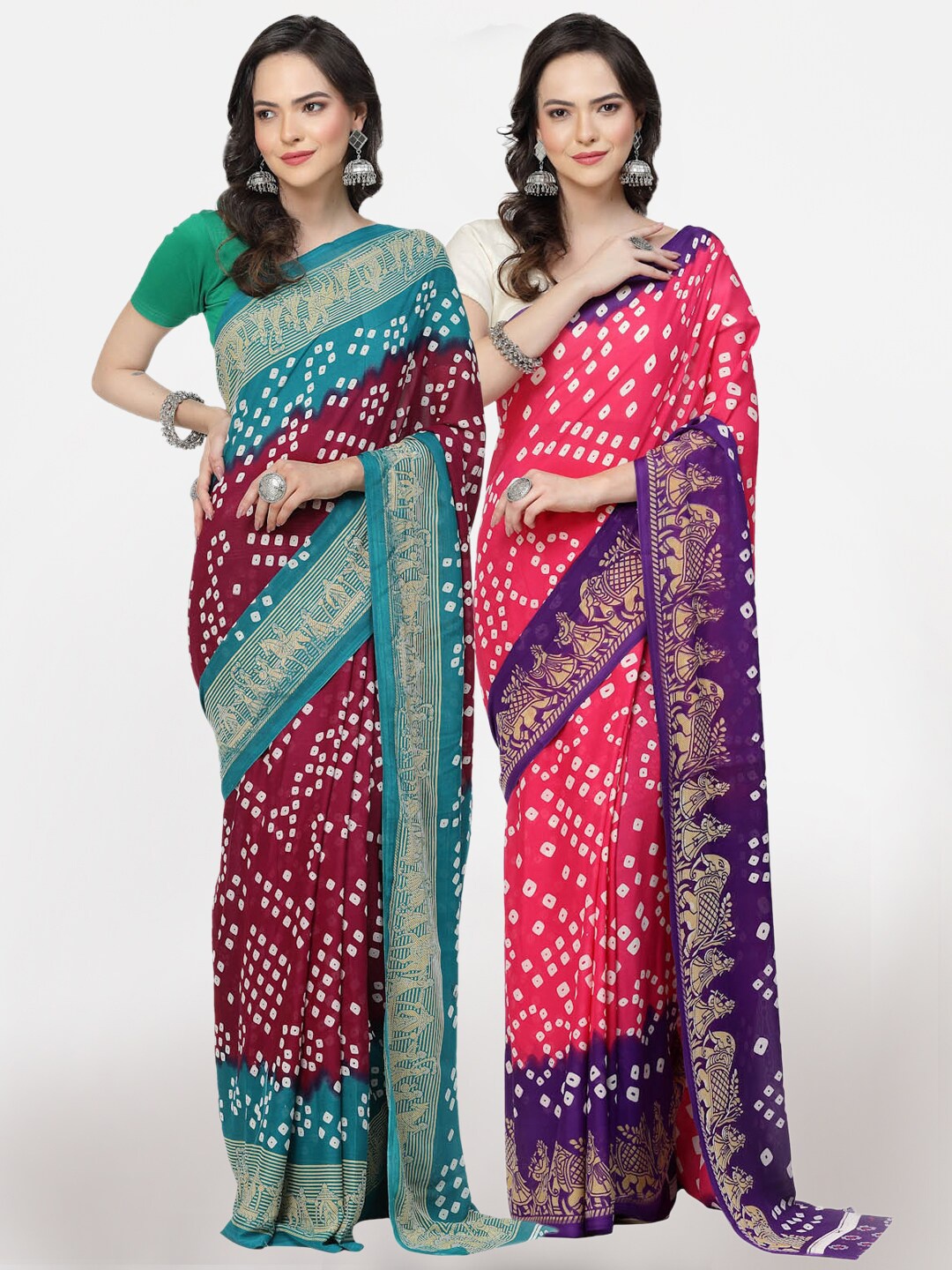 

KALINI A Selection Of 2 Bandhani Printed Zari Sarees, Maroon