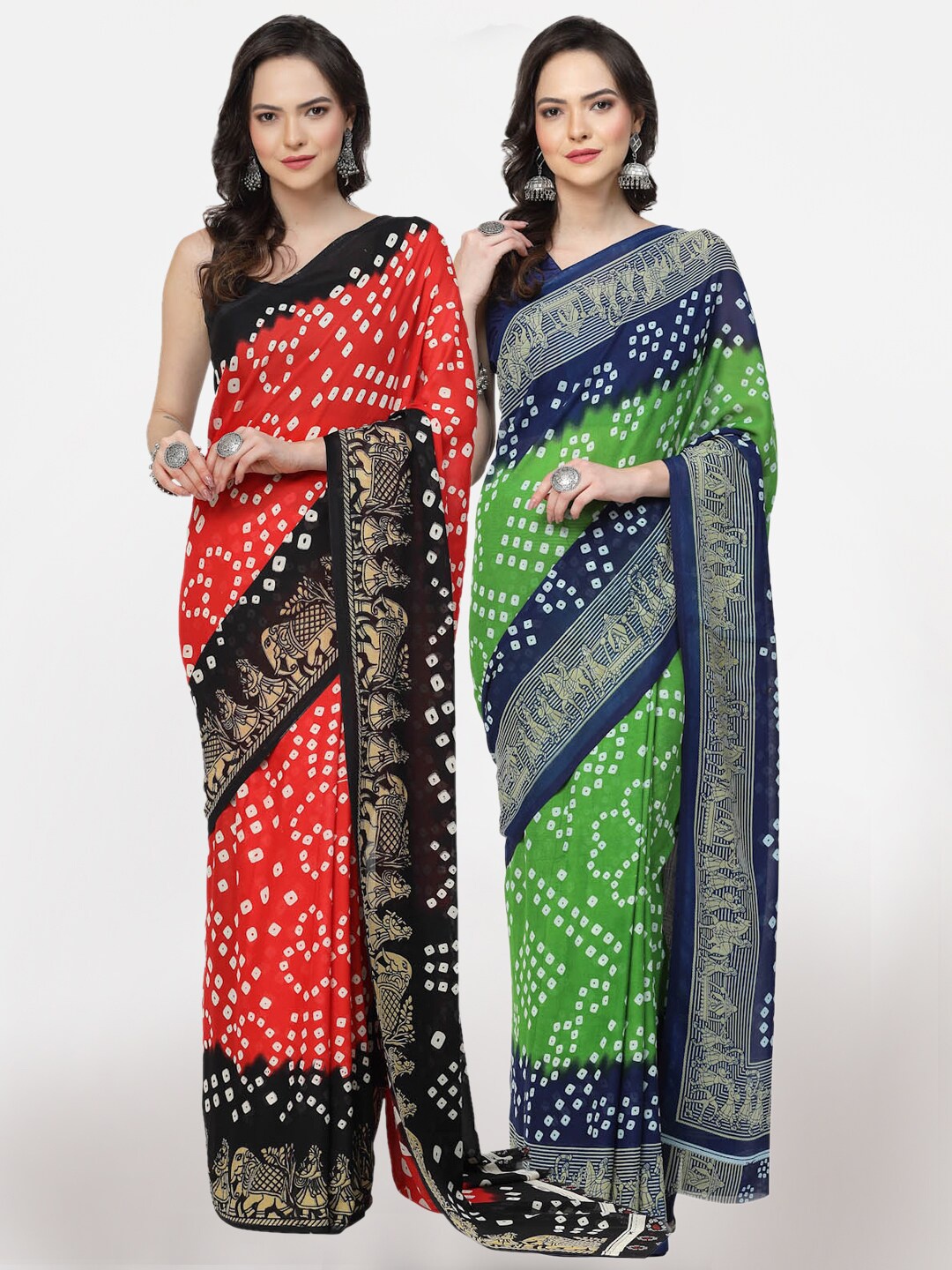 

KALINI A Selection Of 2 Bandhani Printed Zari Sarees, Red