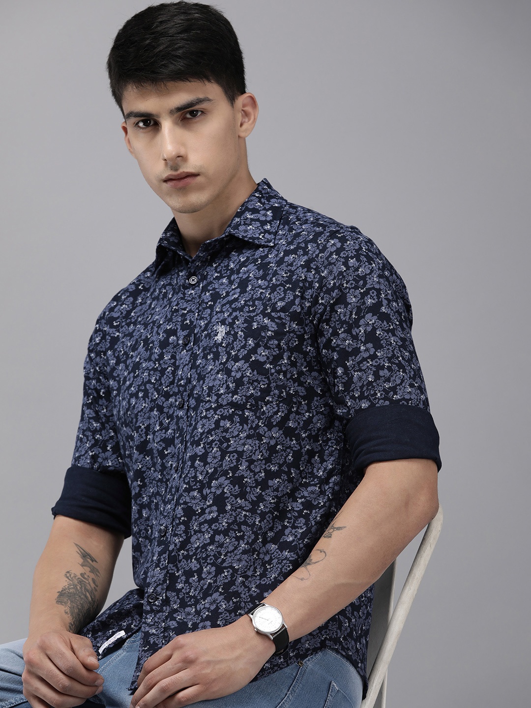 U.S. Polo Assn. Tailored Fit Floral Printed Pure Cotton Casual Shirt, Navy blue