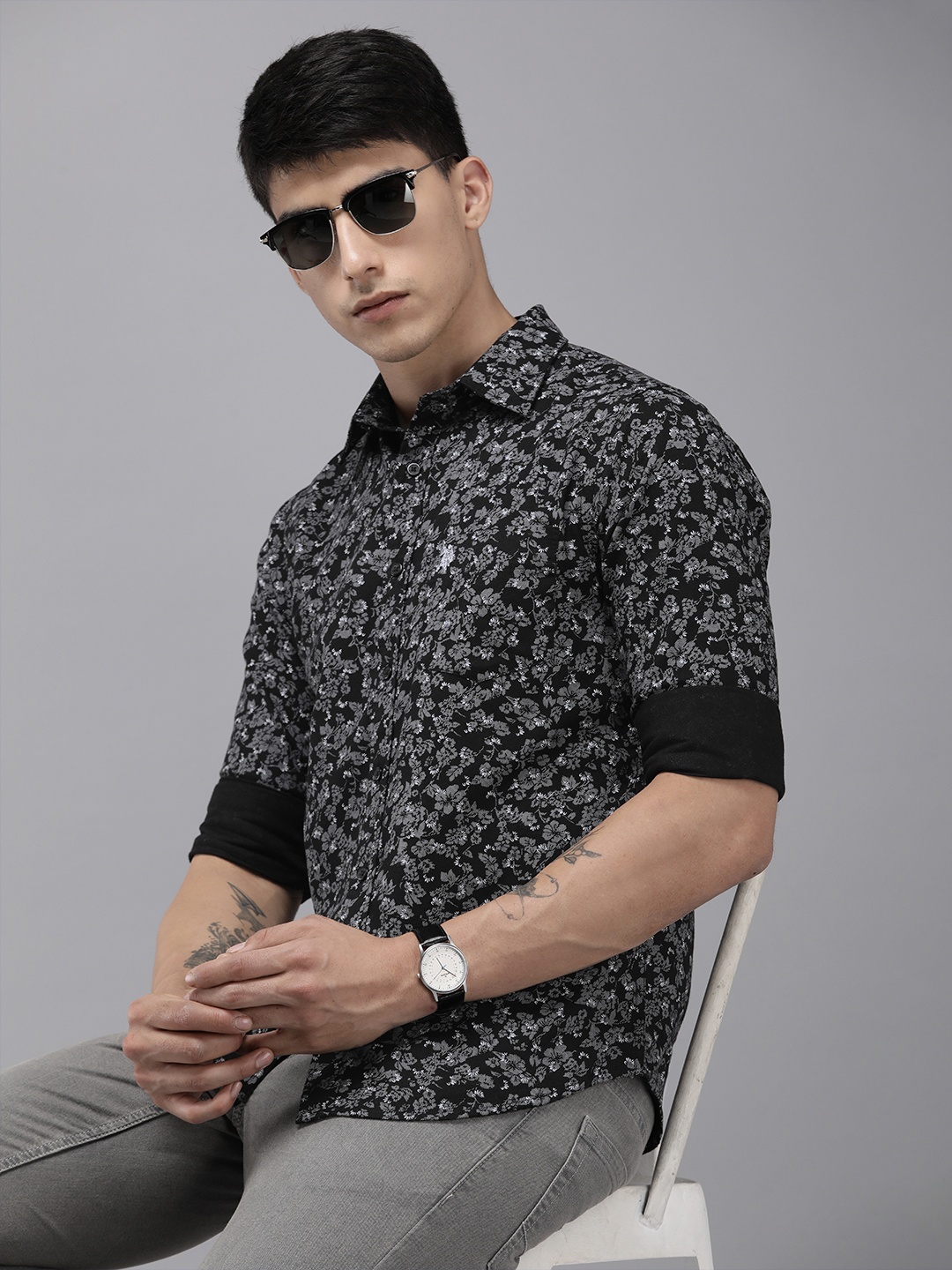 

U.S. Polo Assn. Tailored Fit Floral Printed Pure Cotton Casual Shirt, Black