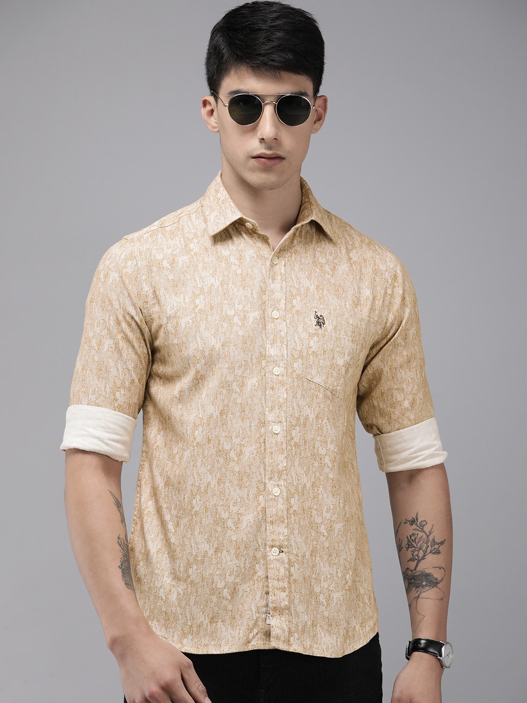 

U.S. Polo Assn. Tailored Fit Abstract Printed Pure Cotton Casual Shirt, Khaki