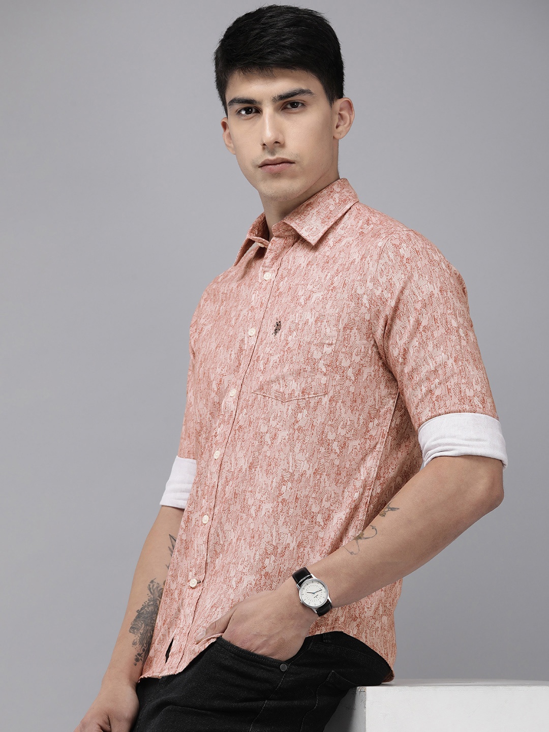 

U.S. Polo Assn. Tailored Fit Abstract Printed Pure Cotton Casual Shirt, Red