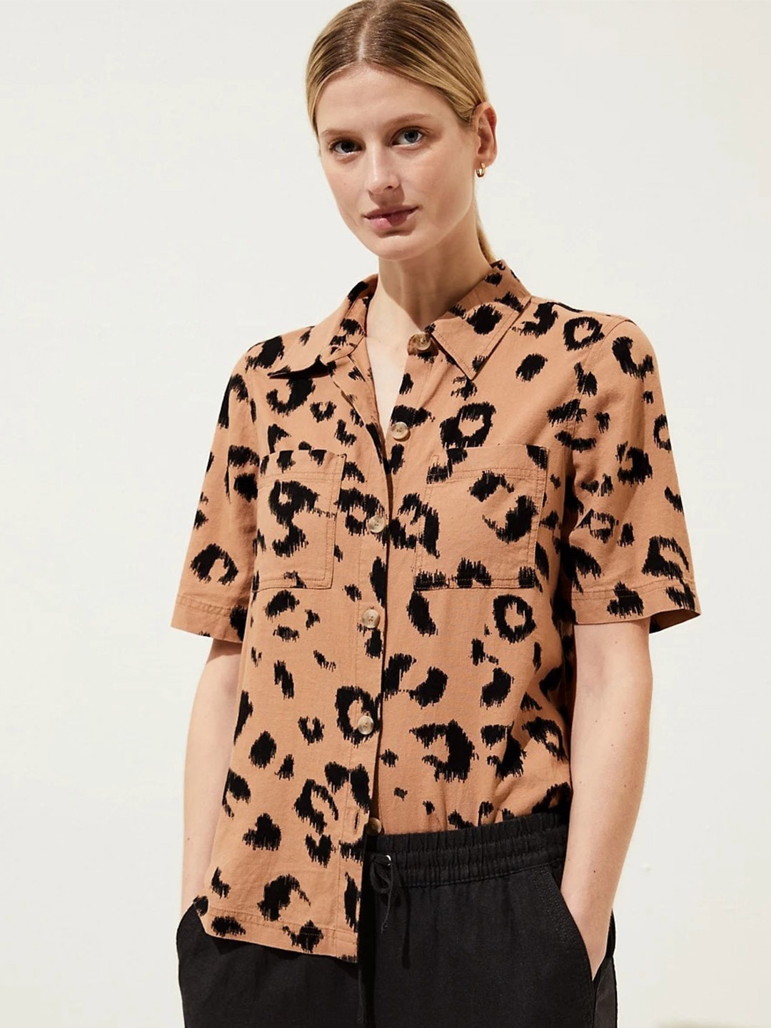 

Marks & Spencer Abstract Printed Spread Collar Casual Shirt, Brown