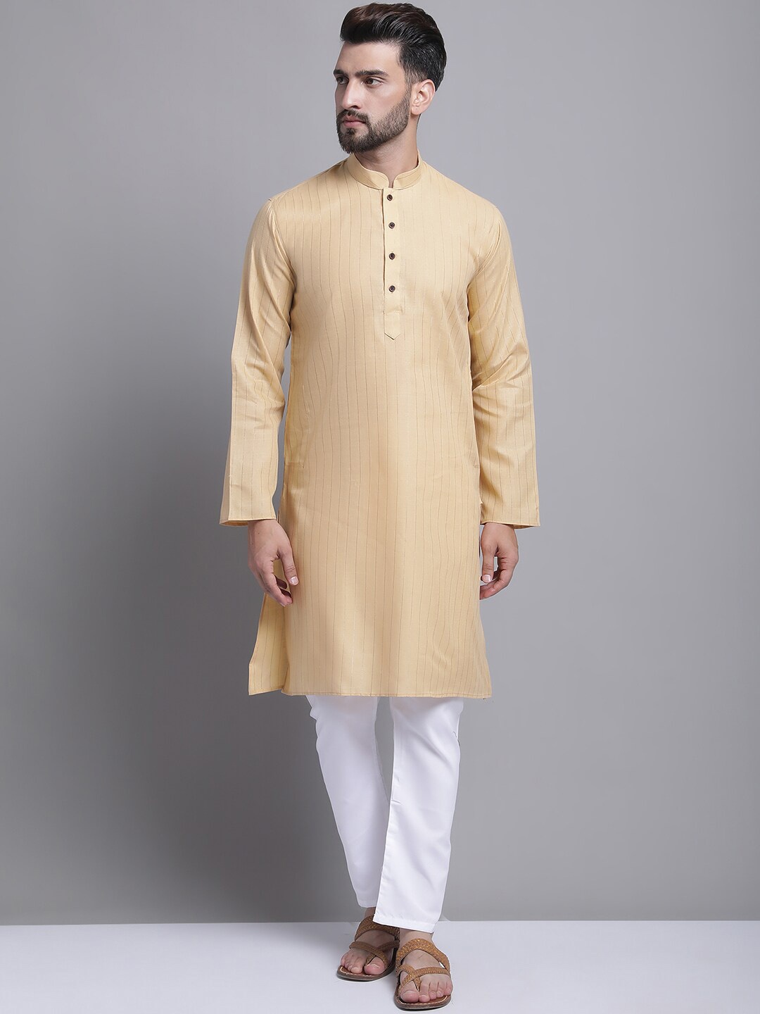 

Armaan Ethnic Self Designed Striped Mandarin Collar Kurta with Pyjamas, Beige