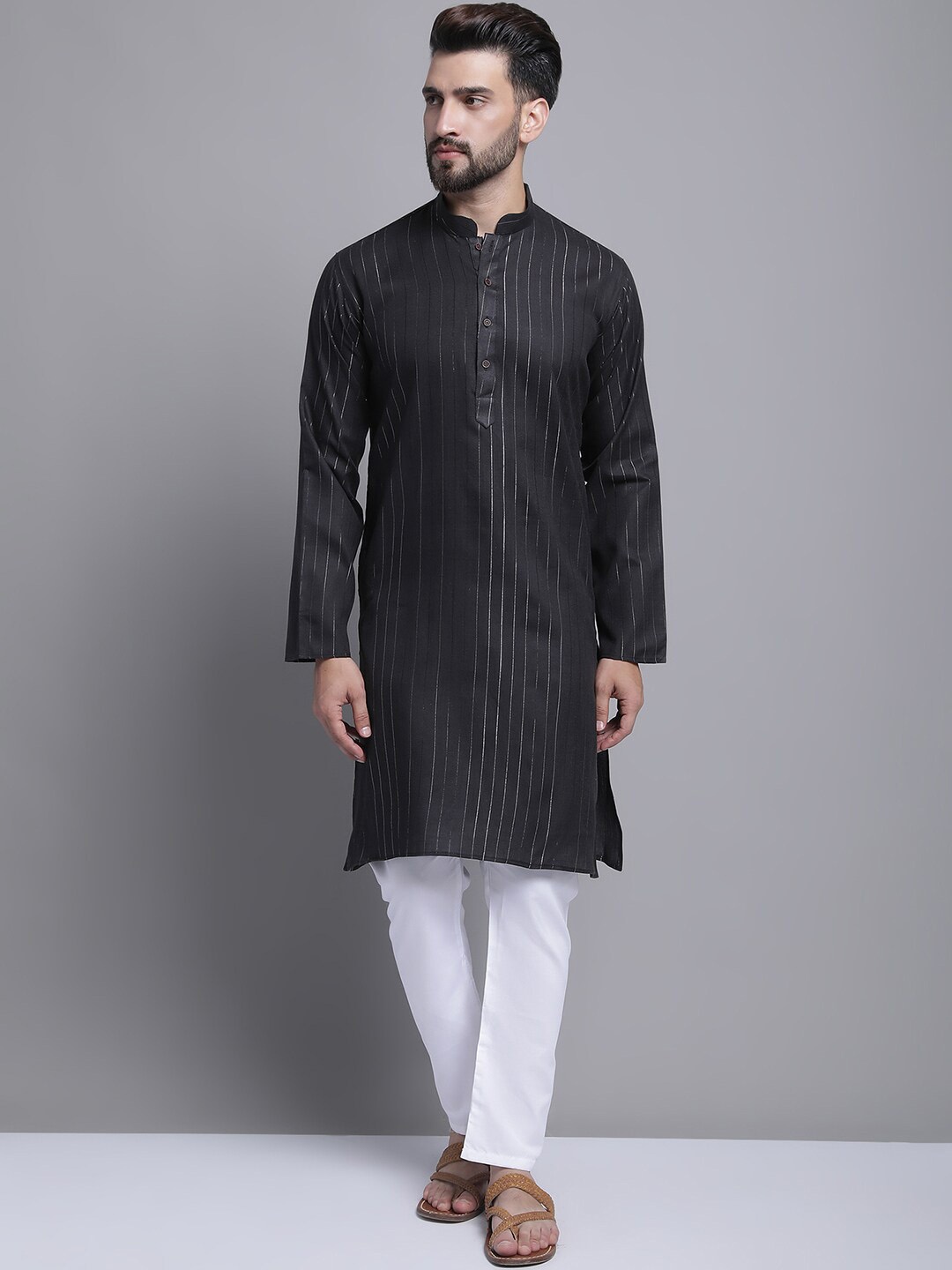 

Armaan Ethnic Self Designed Striped Mandarin Collar Kurta with Pyjamas, Black