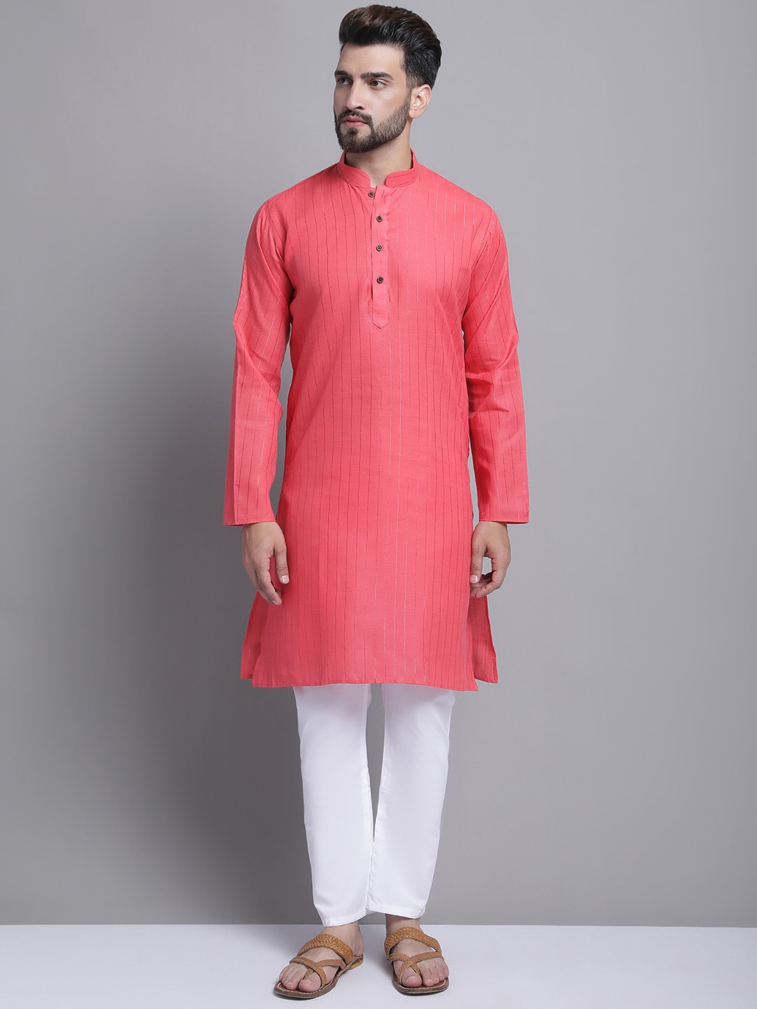 

Armaan Ethnic Self Designed Striped Mandarin Collar Kurta with Pyjamas, Pink