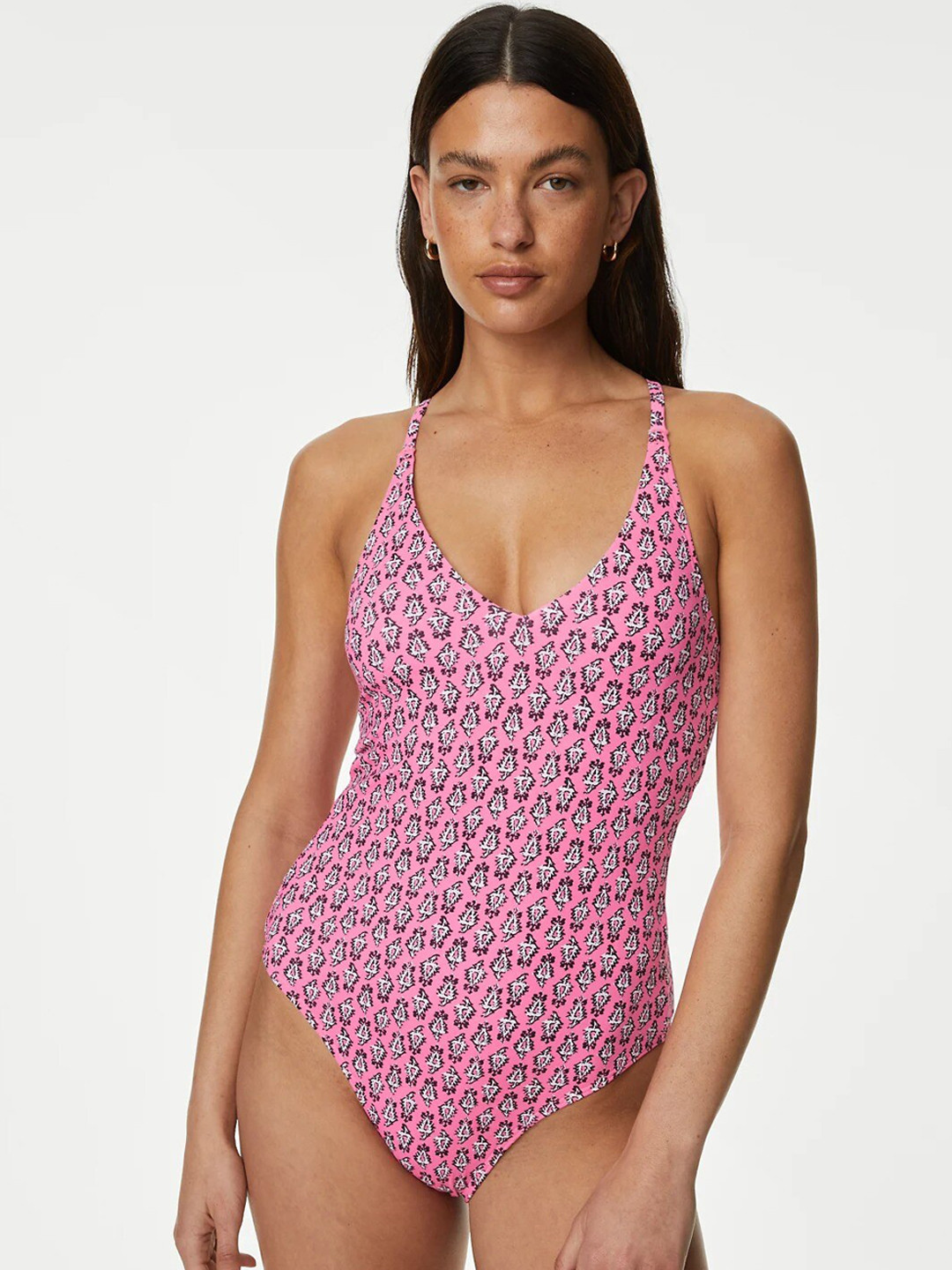 

Marks & Spencer Abstract Printed V-Neck Medium Coverage Bodysuit, Pink