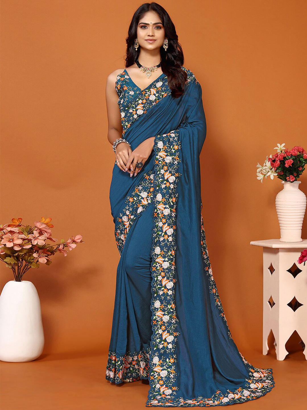 

Mitera Floral Embroidered Art Silk Saree, Navy blue