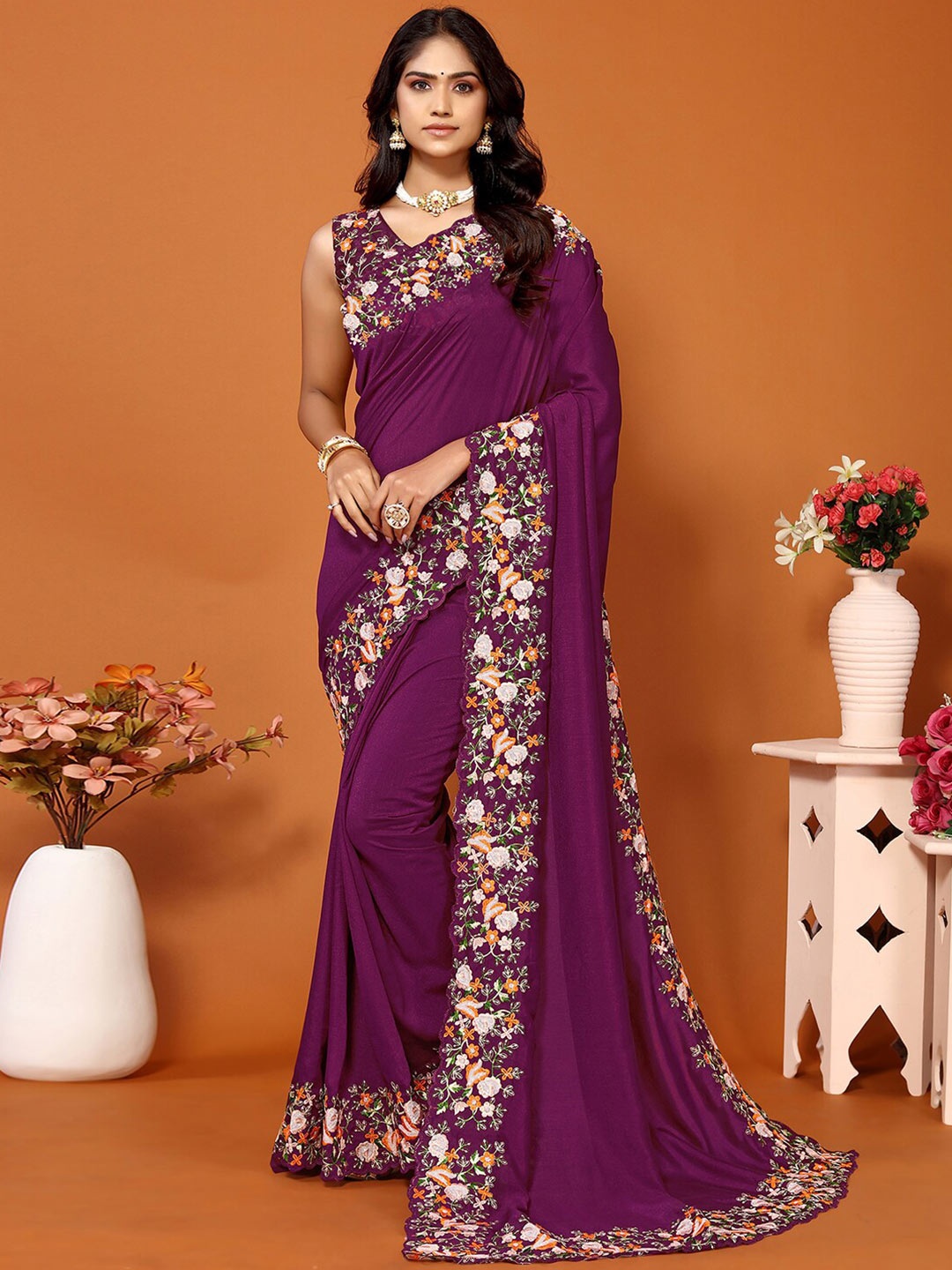 

Mitera Floral Embroidered Art Silk Saree, Purple