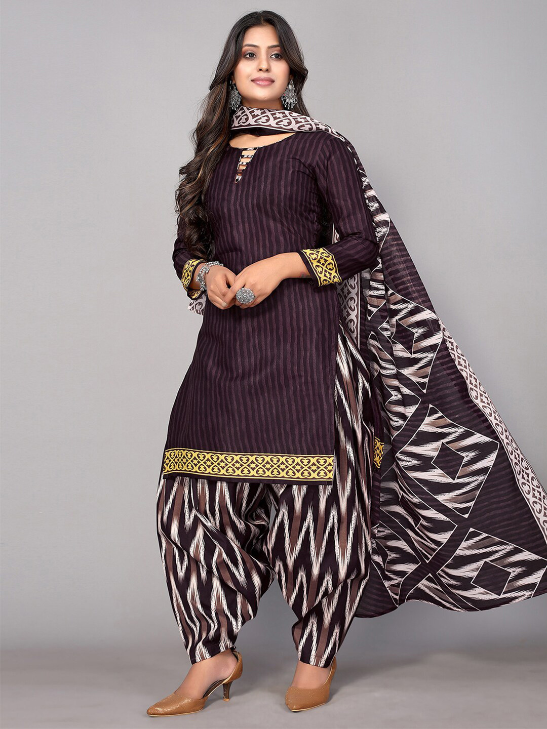 

KALINI Printed Unstitched Dress Material, Brown