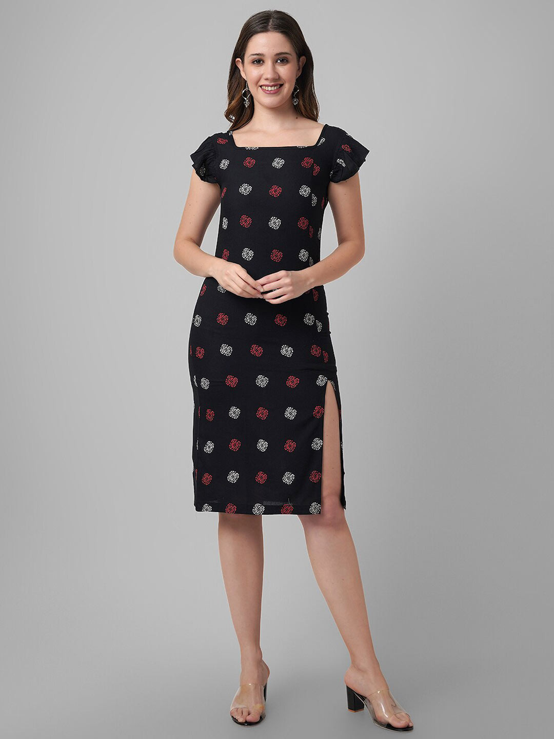 

DAEVISH Ethnic Motifs Printed Square Neck Cut-outs Sheath Dress, Black