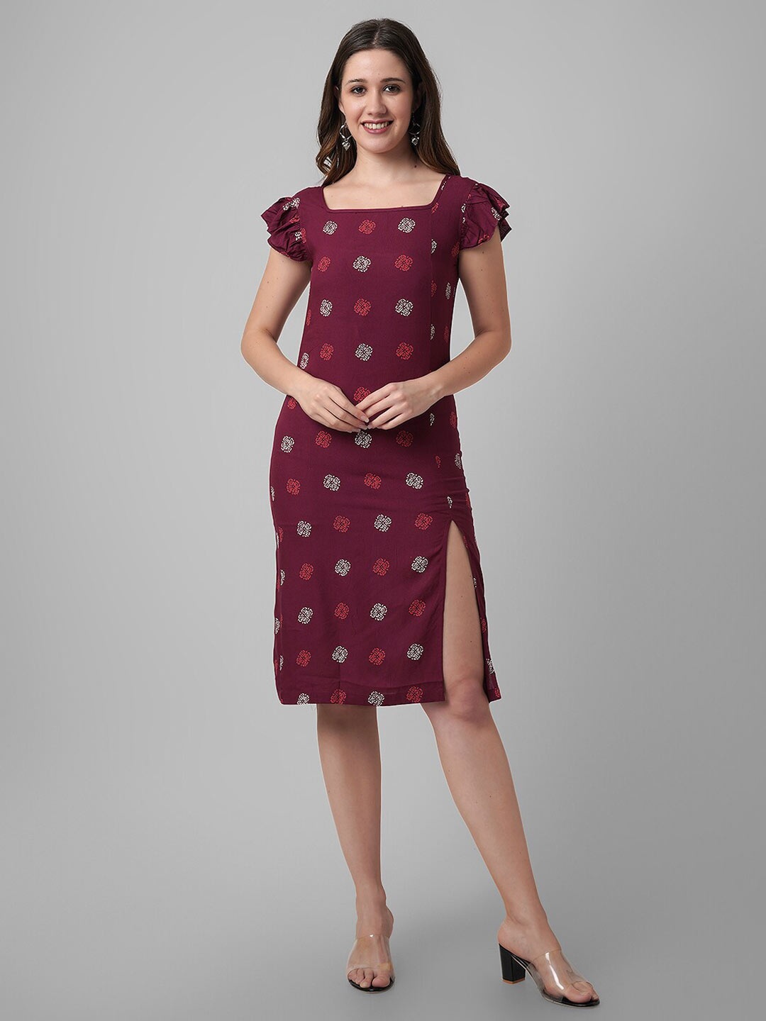 

DAEVISH Ethnic Motifs Printed Square Neck Cut-outs Sheath Dress, Maroon