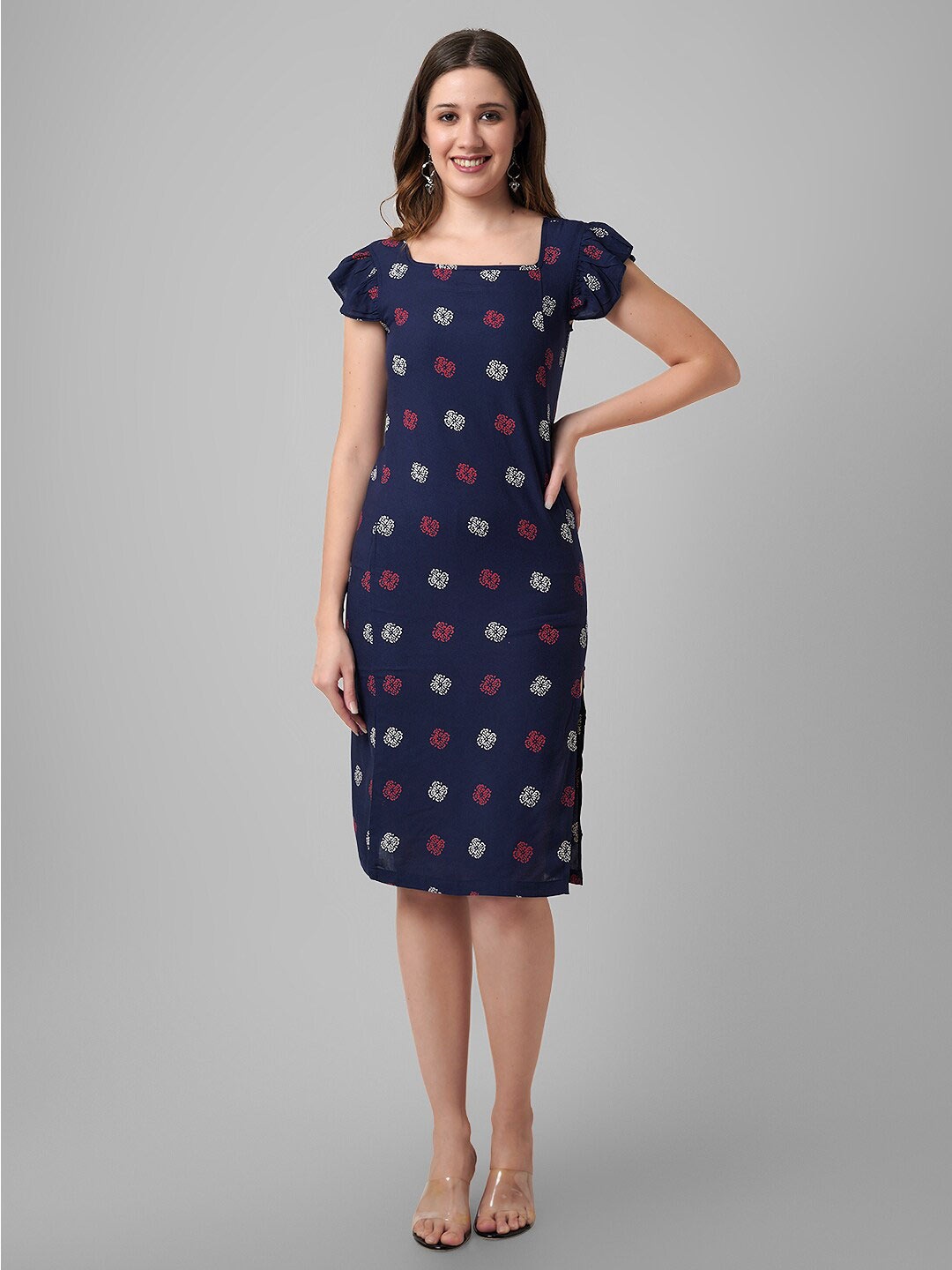 

DAEVISH Floral Printed Square Neck Flutter Sleeve Sheath Dress, Blue