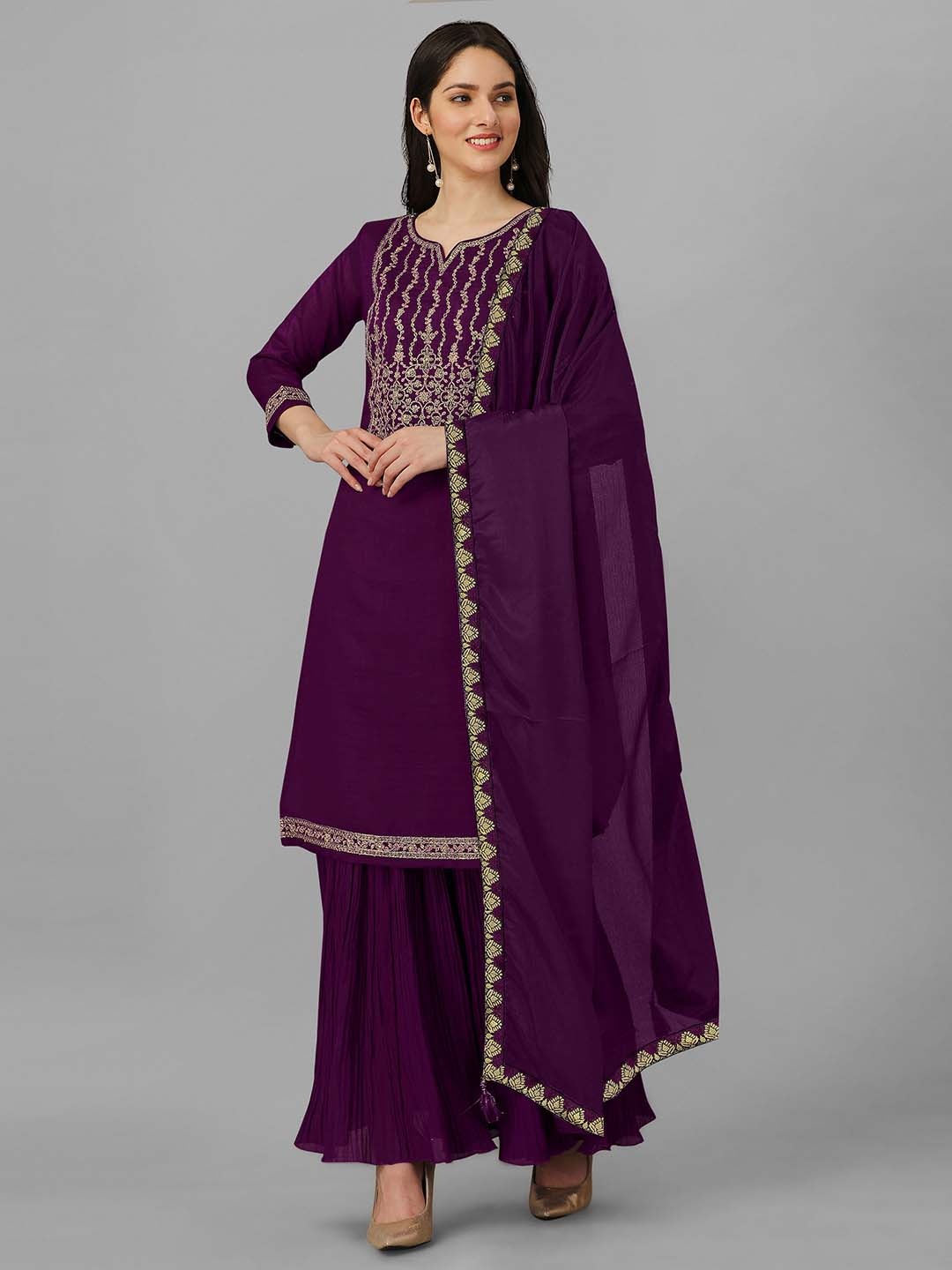 

Nivah Fashion Floral Yoke Design Zari Kurta Sharara & Dupatta, Purple
