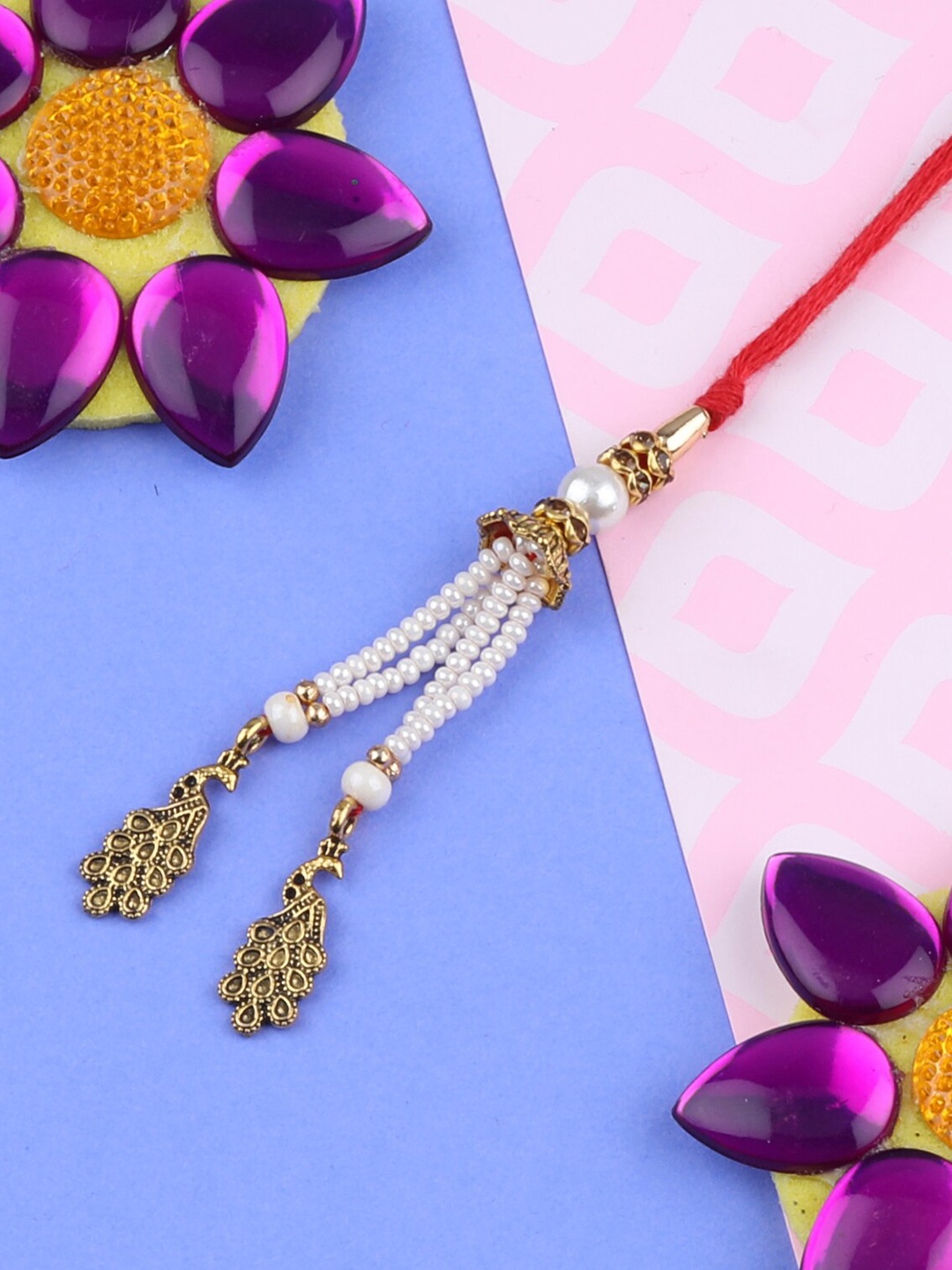 

Silver Shine Set Of 2 Beaded Rakhis with Greeting Card Roli & Rice, Gold