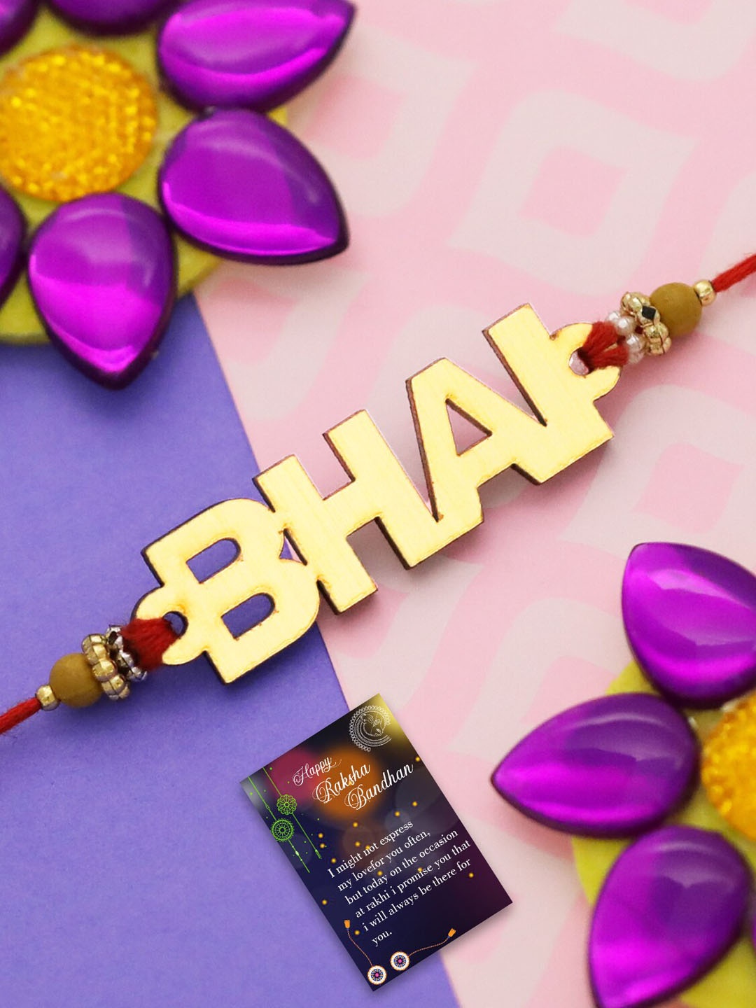 

Silver Shine Set Of 2 Om & Bhai Rakhi With Roli Rice & Greeting Card, Red