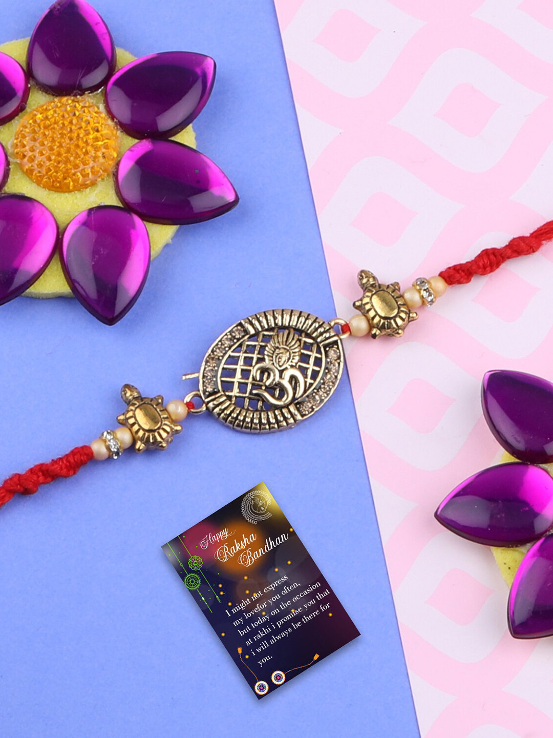 

Silver Shine Set Of 2 Beaded Thread Rakhis With Greeting Card & Roli Chawal, Red