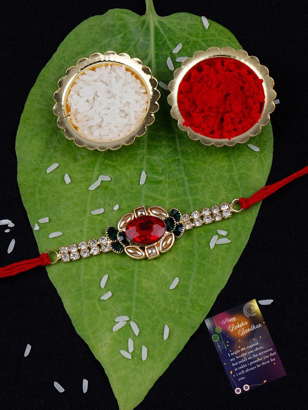 

Silver Shine Set Of 2 Beaded Thread Rakhi With Greeting Card & Roli Chawal, Red