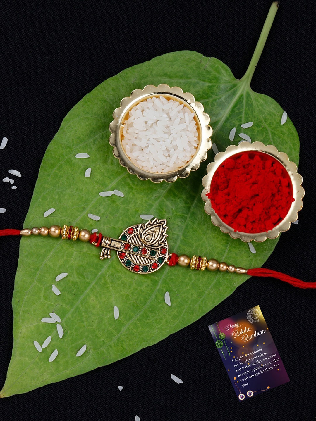 

Silver Shine Unisex Set Of 2 Stone-Studded & Beaded Thread Rakhi, Red