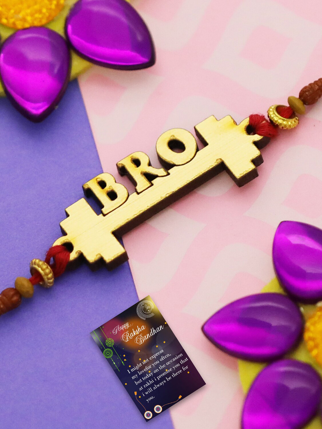 

Silver Shine Unisex Set Of 2 Stone-Studded & Beaded Rakhi With Greeting Card & Roli Chawal, Gold