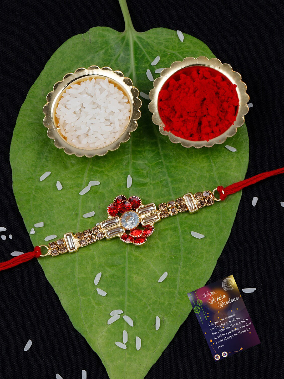 

Silver Shine Unisex Set Of 2 Stone-Studded & Beaded Rakhi With Greeting Card & Roli Chawal, Red