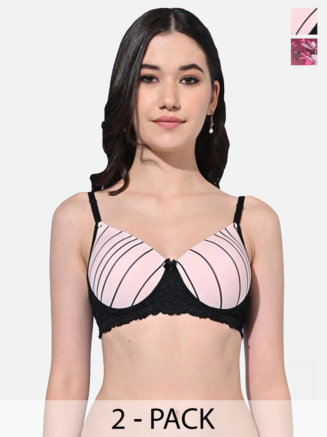 

FIMS Pack of 2 Floral Full Coverage Lightly Padded Bra, Pink