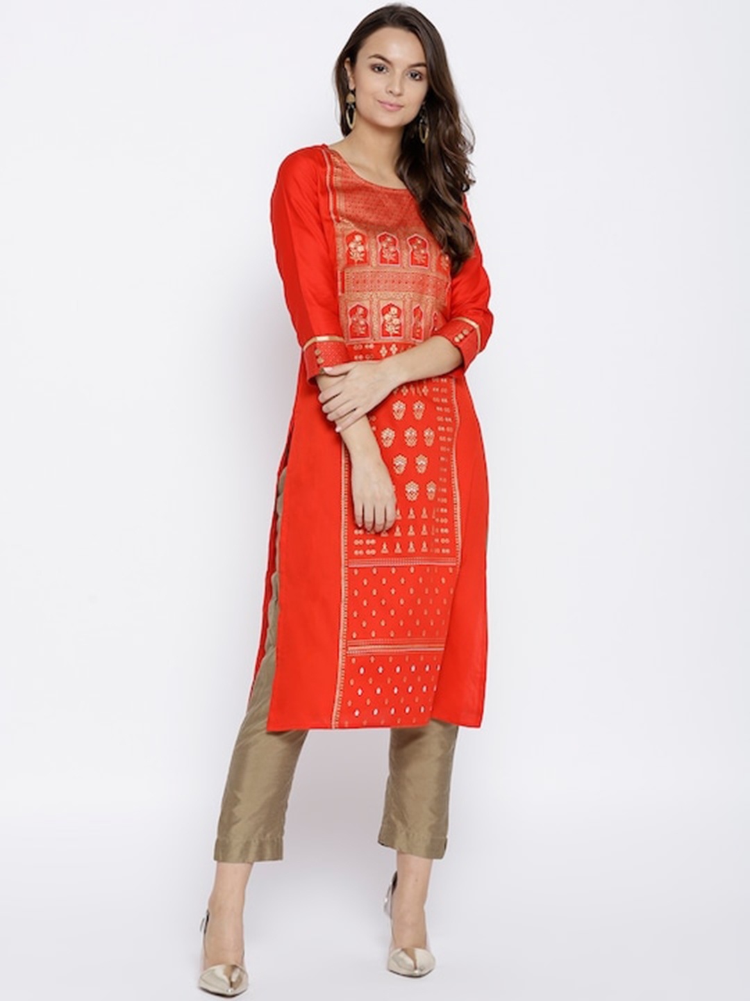 

Span Ethnic Motifs Printed Round Neck Straight Kurta, Red