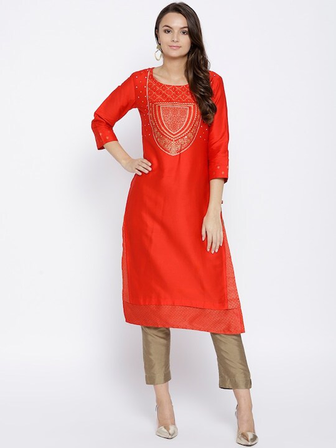 

Span Ethnic Motifs Yoke Design Printed Straight Kurta, Red
