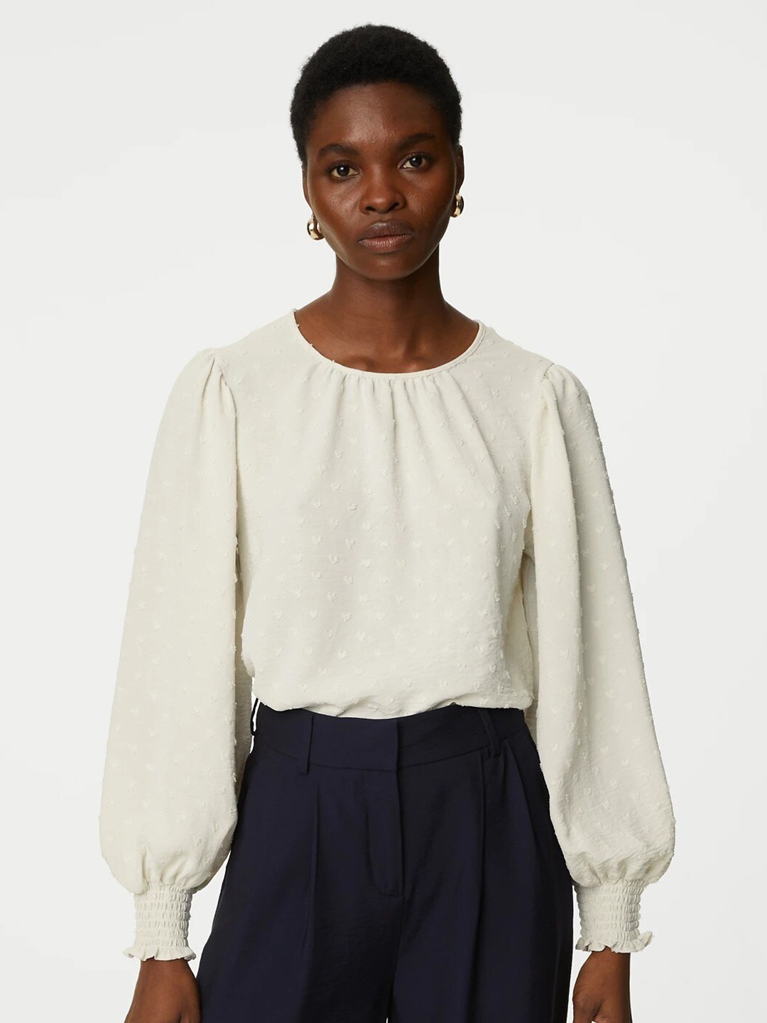 

Marks & Spencer Cuffed Sleeves Round Neck Top, Off white