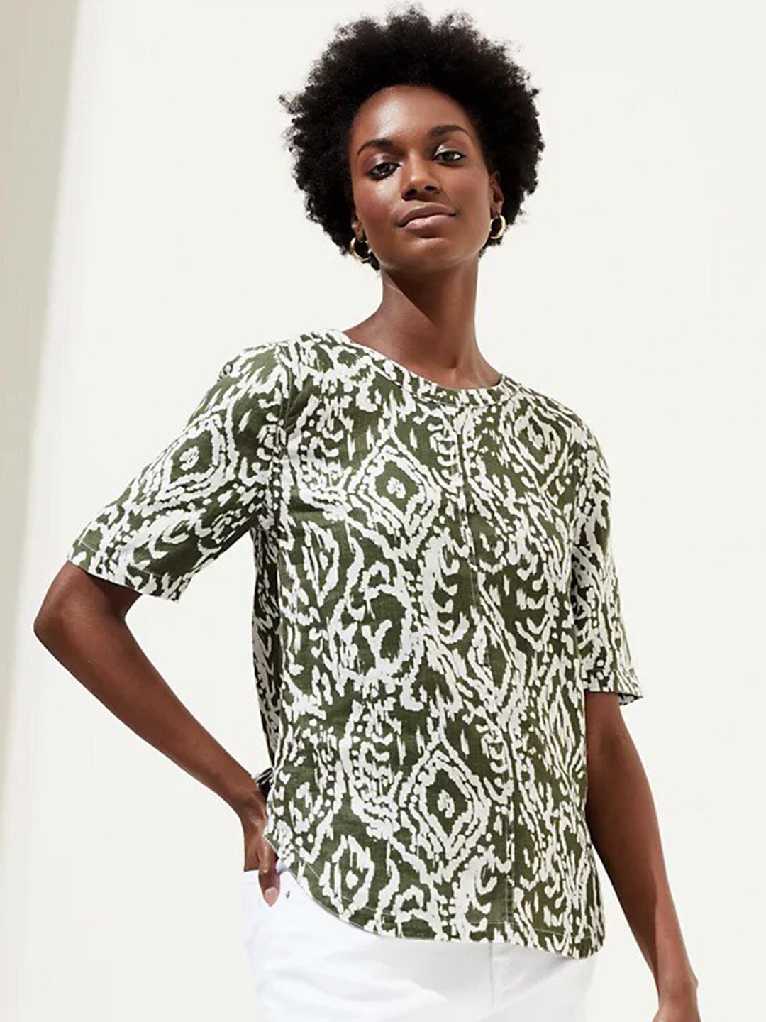 

Marks & Spencer Geometric Printed Linen Top, White