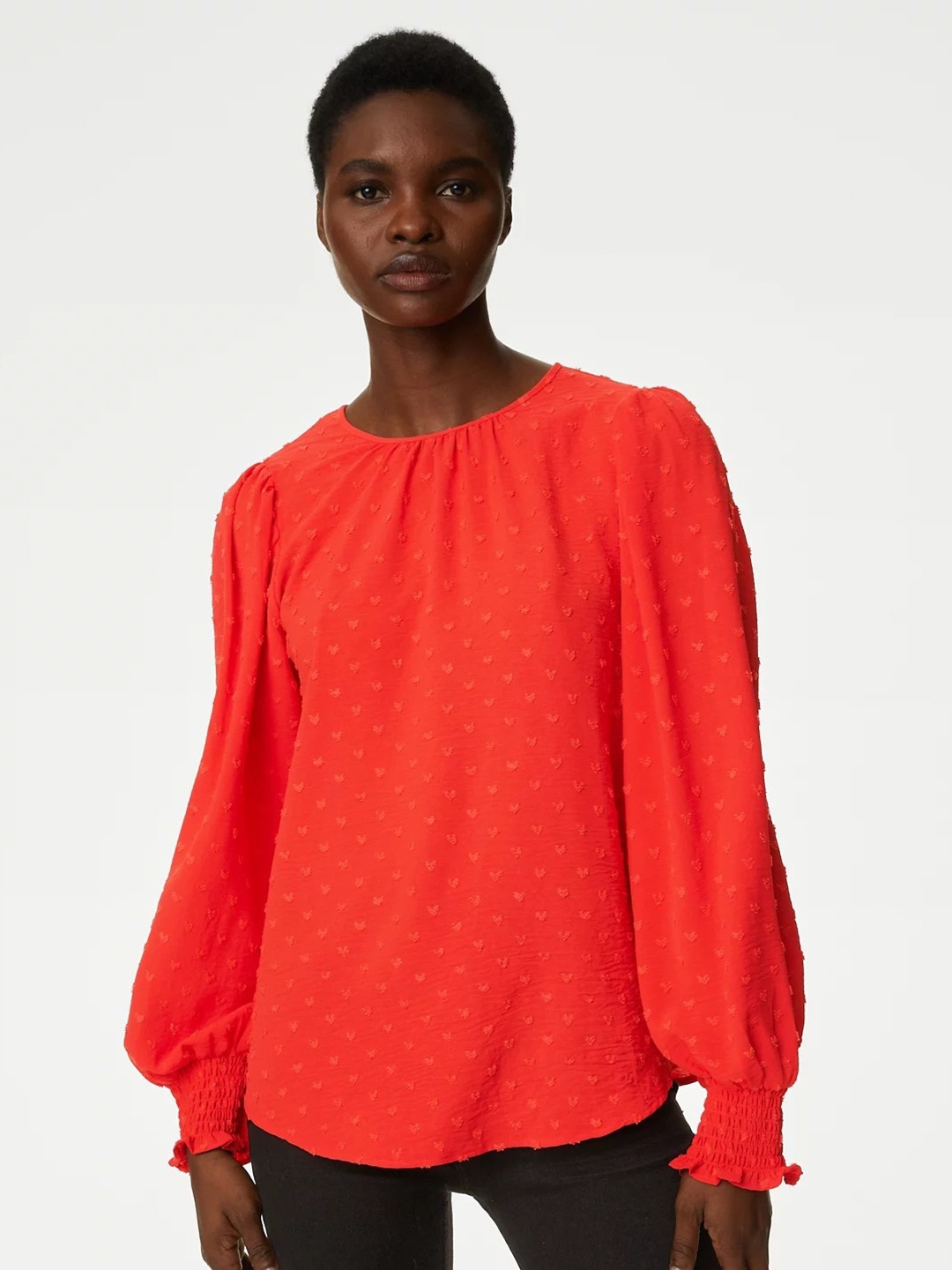 

Marks & Spencer Self Design Puff Sleeves Top, Orange