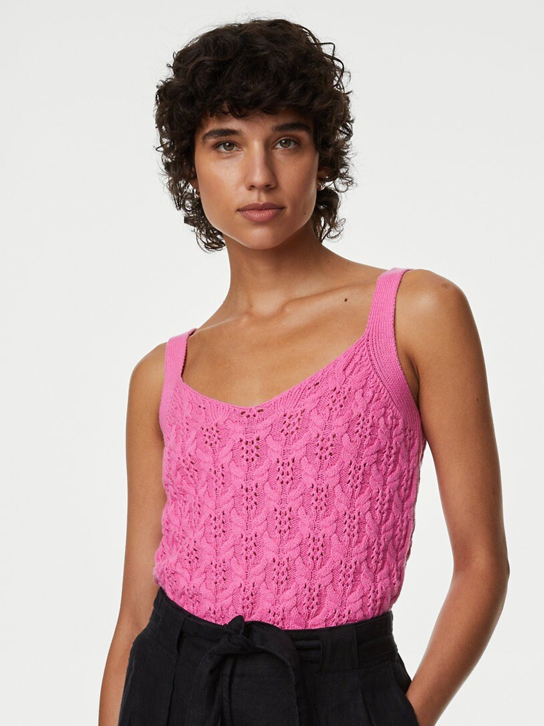 

Marks & Spencer Self Design Scoop Neck Cotton Top, Pink