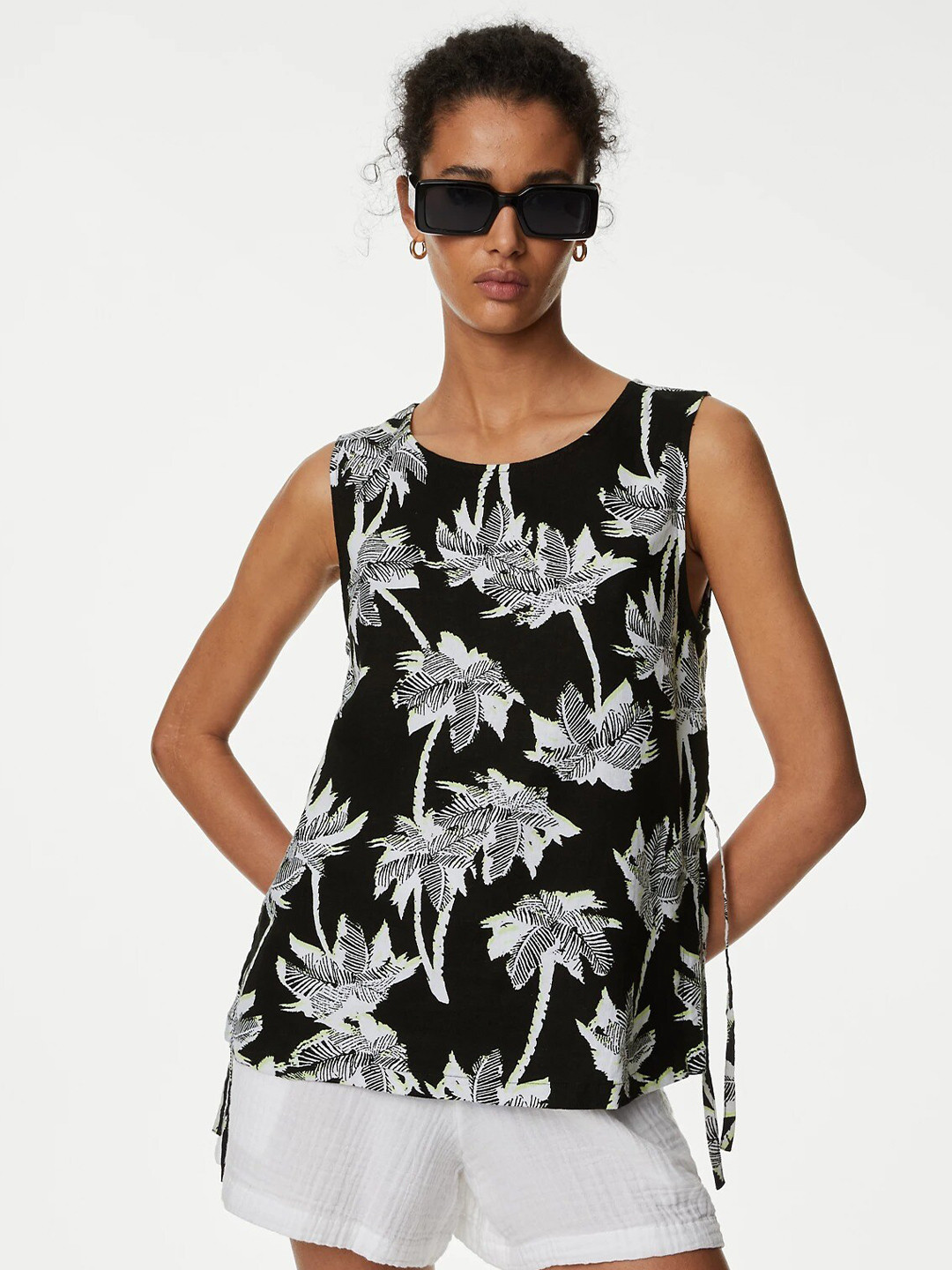 

Marks & Spencer Floral Printed Linen Top, Black