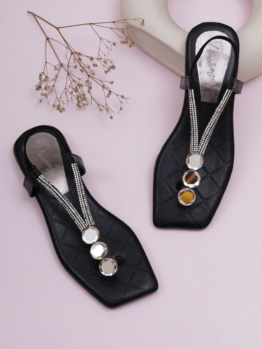 

ELANBERG Embellished Open Toe Flats, Black