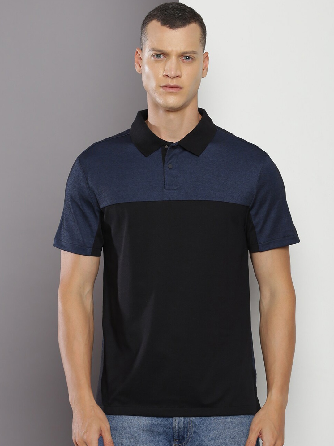 

Calvin Klein Jeans Colourblocked Polo Collar Cotton Regular T-shirt, Navy blue