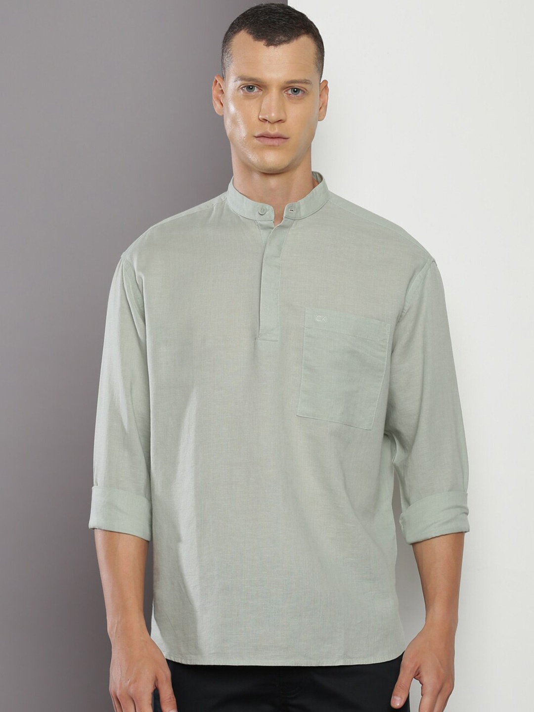 

Calvin Klein Jeans Mandarin Collar Opaque Casual Boxy Fit Linen Shirt, Green